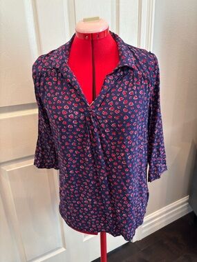Anne Carson Navy Blue Blouse with Red Floral Print